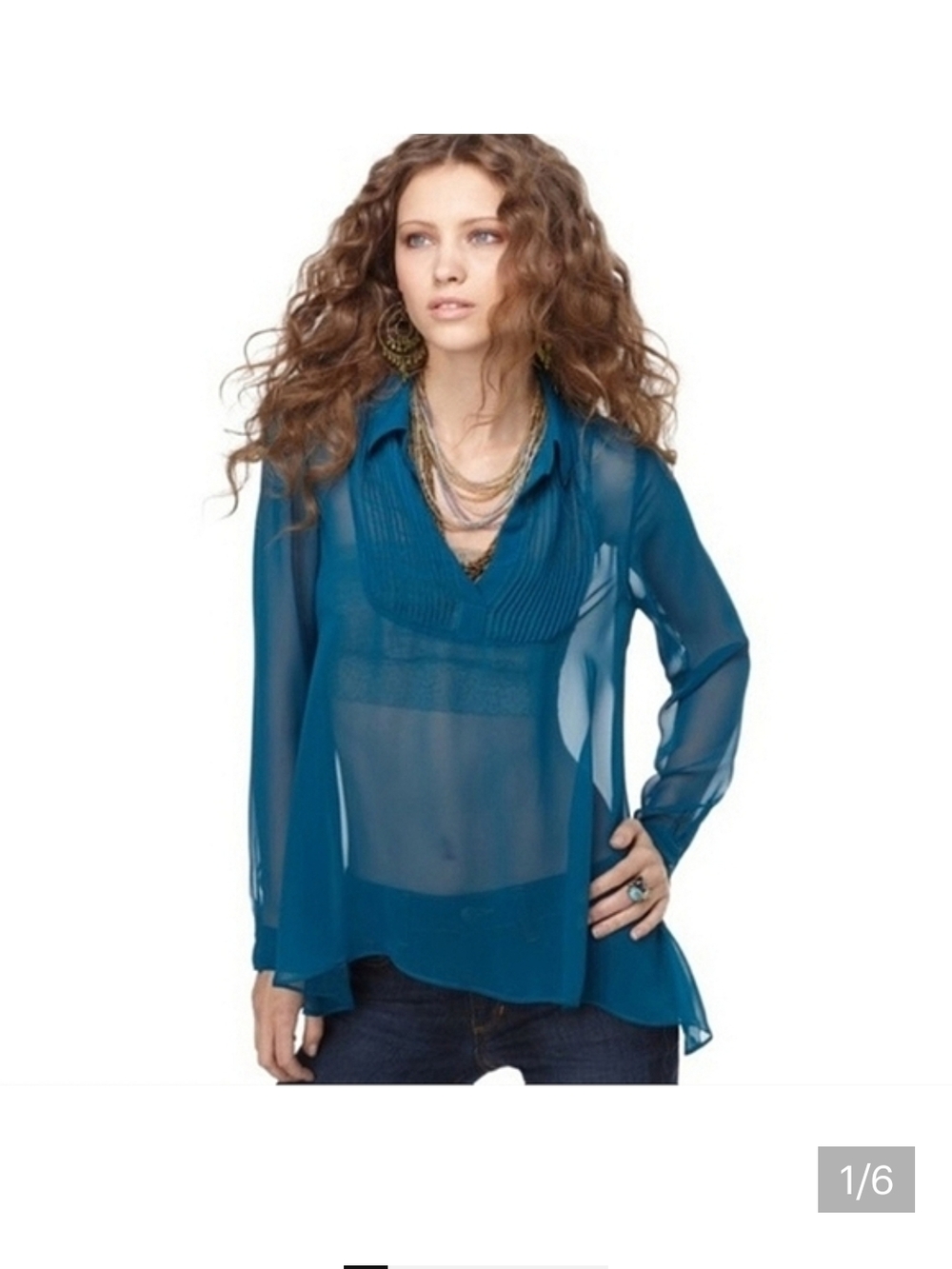 Free People Teal Chiffon Pleated V-Neck Georgette Top Oversized L PTP 23" *FLAW*